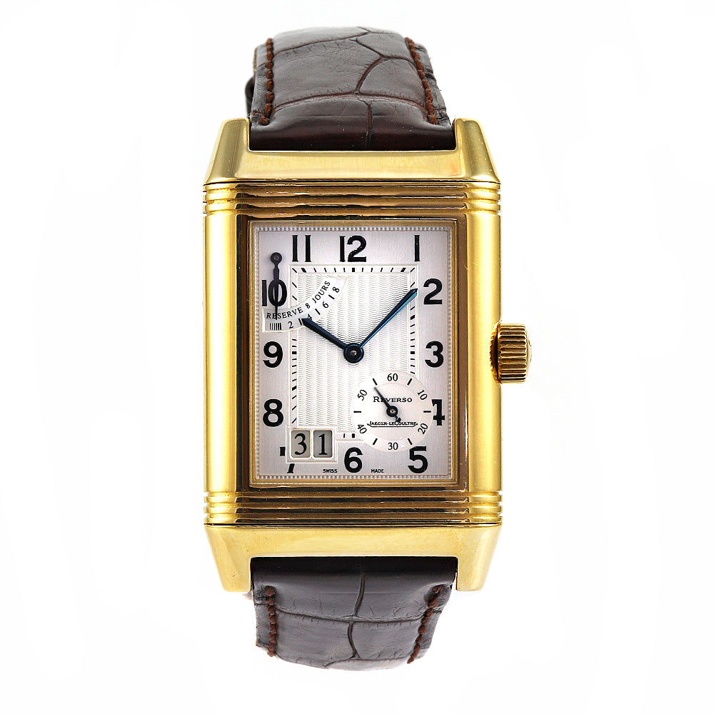 JAEGER-LECOULTRE Reverso Grande Date 18K Yellow Gold Brown Leather Band Watch